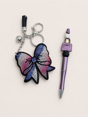 Crystal Ombre Bow Keychain with handmade beaded purse pen